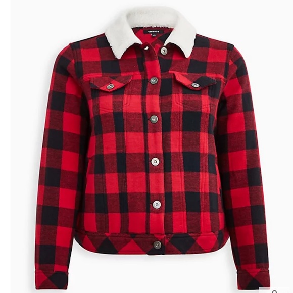 Torrid Red Buffalo Plaid Trucker Jacket 3X - Picture 2 of 7